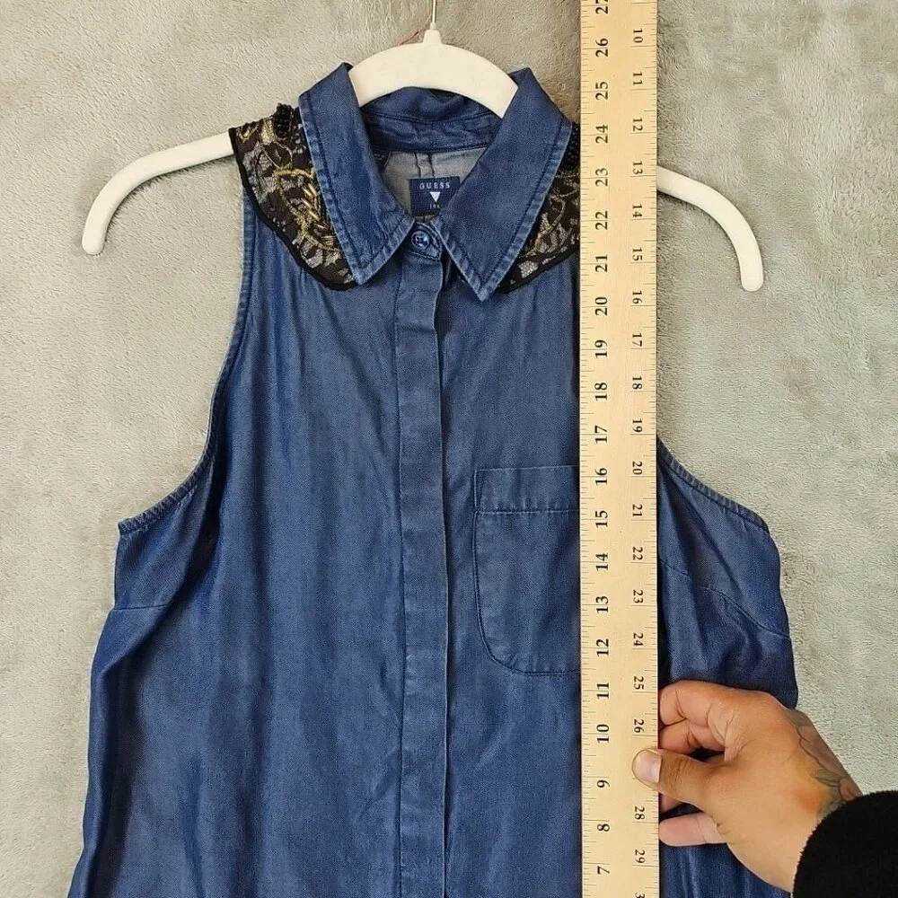 Guess Button Up Sleeveless Tunic Womens Size S Blue Chambray Beaded Lace Lyocell - Picture 5 of 9